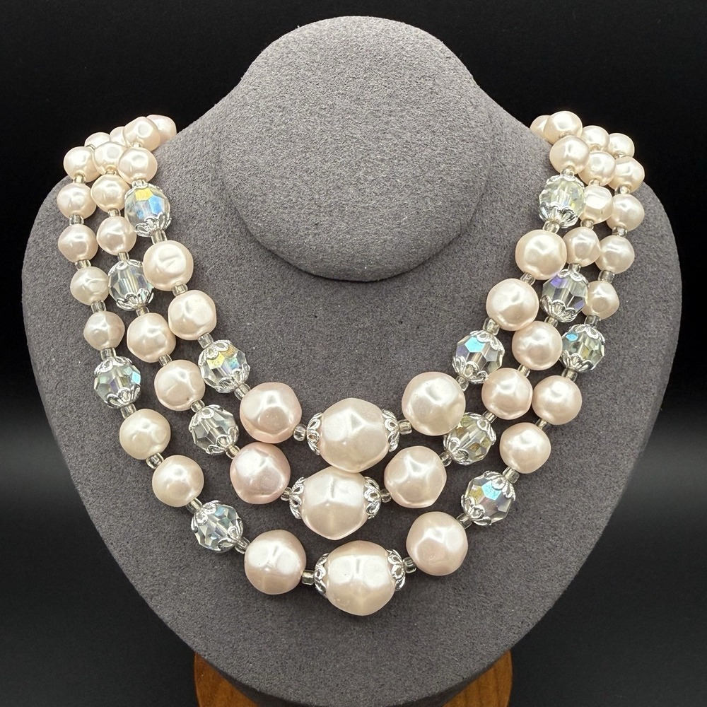 Vintage Japan 3 Strand Faux Baroque Pearl AB Crystal Silver Tone Necklace 18"